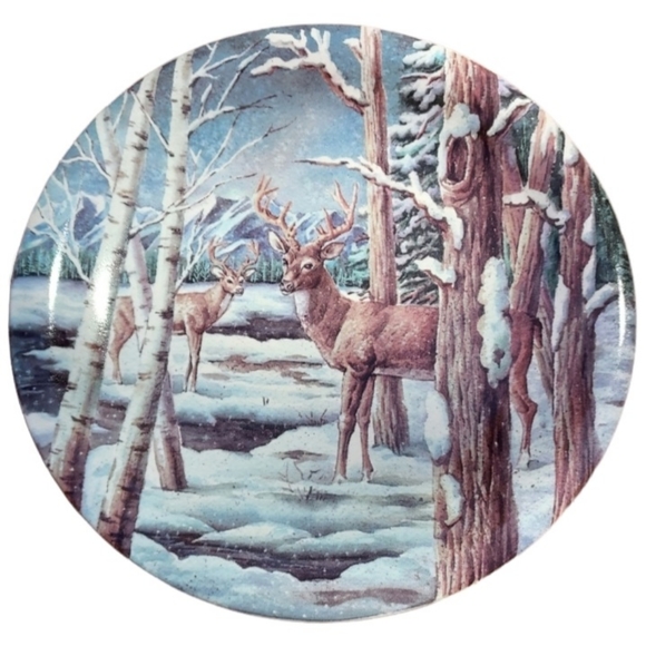 Collectible Winter Duo deer plate with a snowy wilderness river scene - Picture 2 of 5